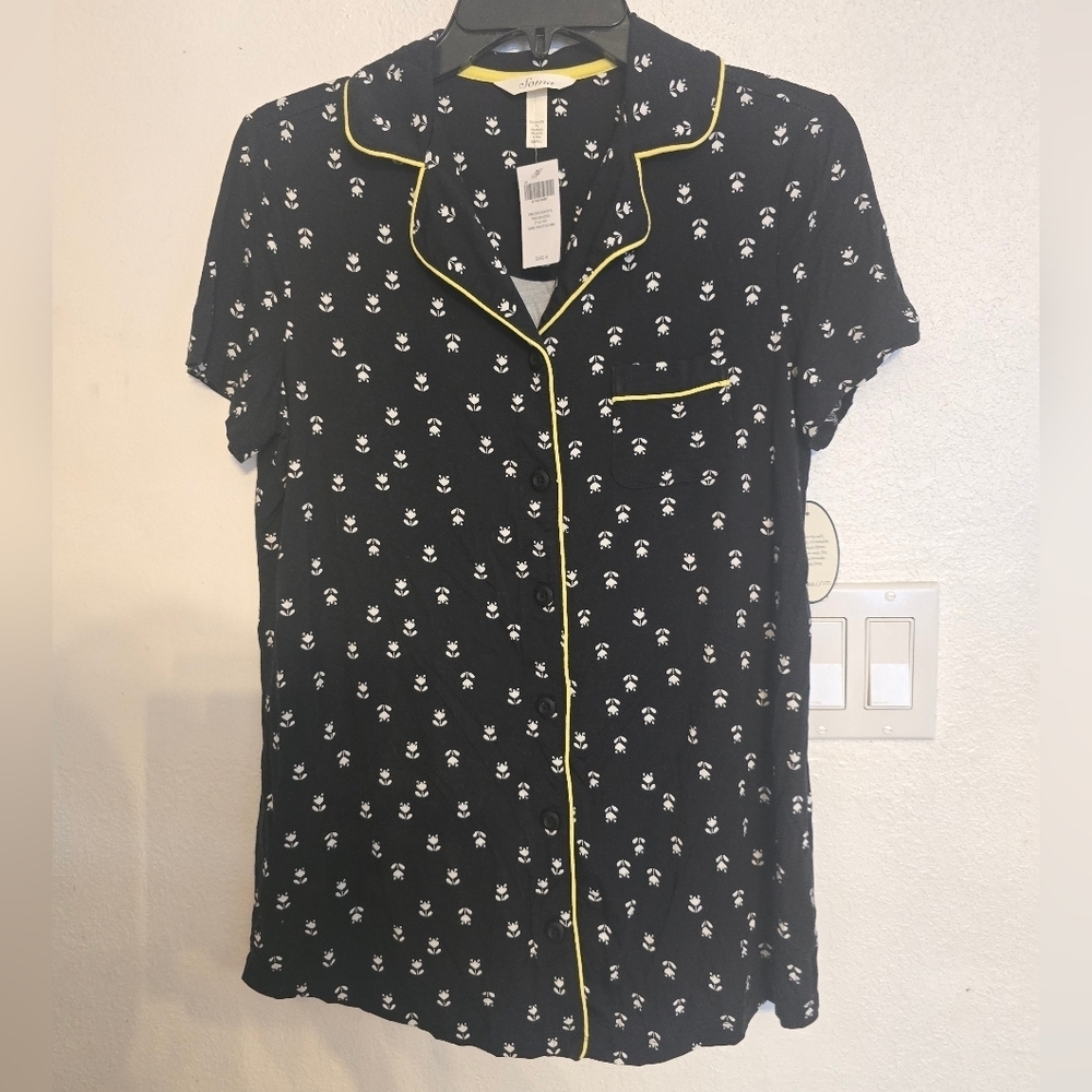 NWT Soma Cool Nights Pj Piped Ss Notch Top Femme Paisley Black Size Small